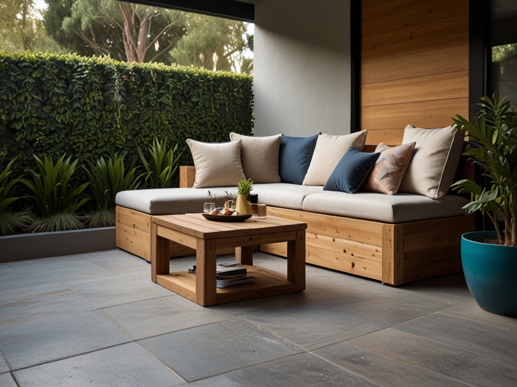 Small patio with built-in bench seating and hidden storage underneath, fluffy cushions, and a small coffee table.